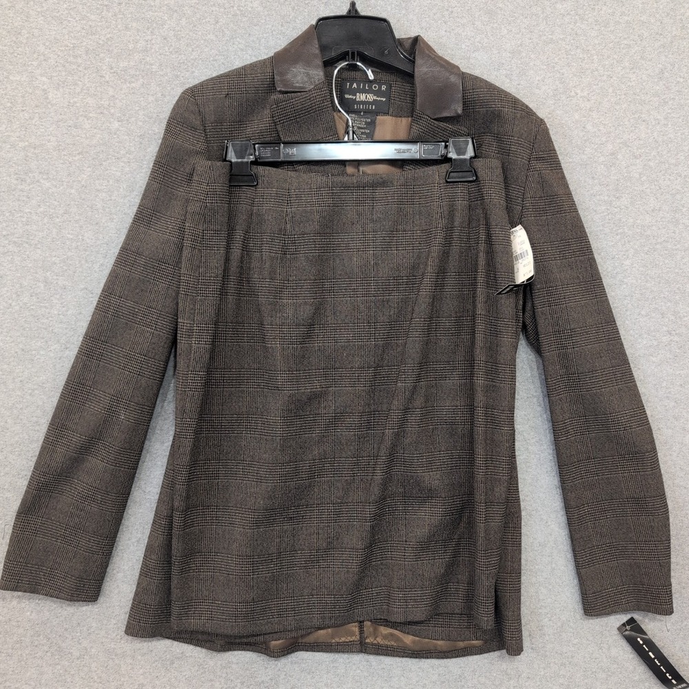 B Moss Company Women's Plaid Blazer & Skirt Suit Set Size 6/8 Brown Stretch‎ NWT